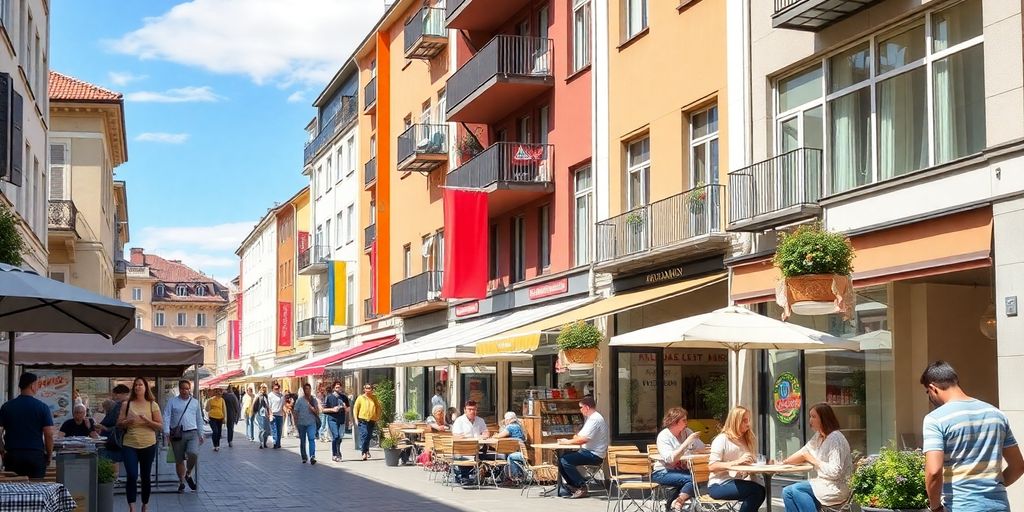 Vibrant street scene in Romania with bustling activities.