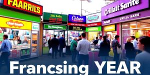 Diverse franchises with engaged customers in a lively setting.