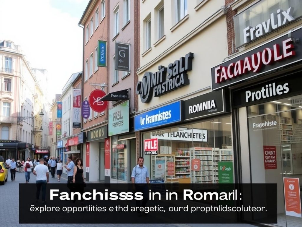 Analiza pieței francizelor din România: Ce trebuie să știi? 1 Scenă stradală cu magazine franciză diverse în România.