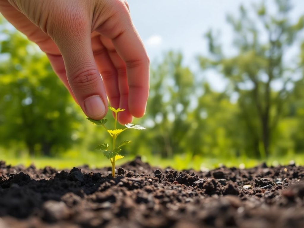 Mână plantând răsad într-un sol fertil cu copaci îndepărtați