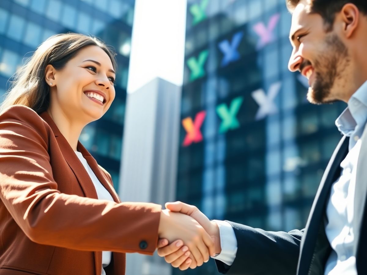 Oameni zâmbitori, clădiri moderne, logo-uri colorate, mânăstrângeri de mână.