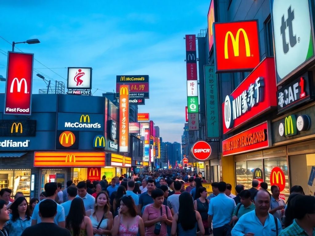 Fațade luminoase de francize globale celebre, stradă aglomerată la apus.