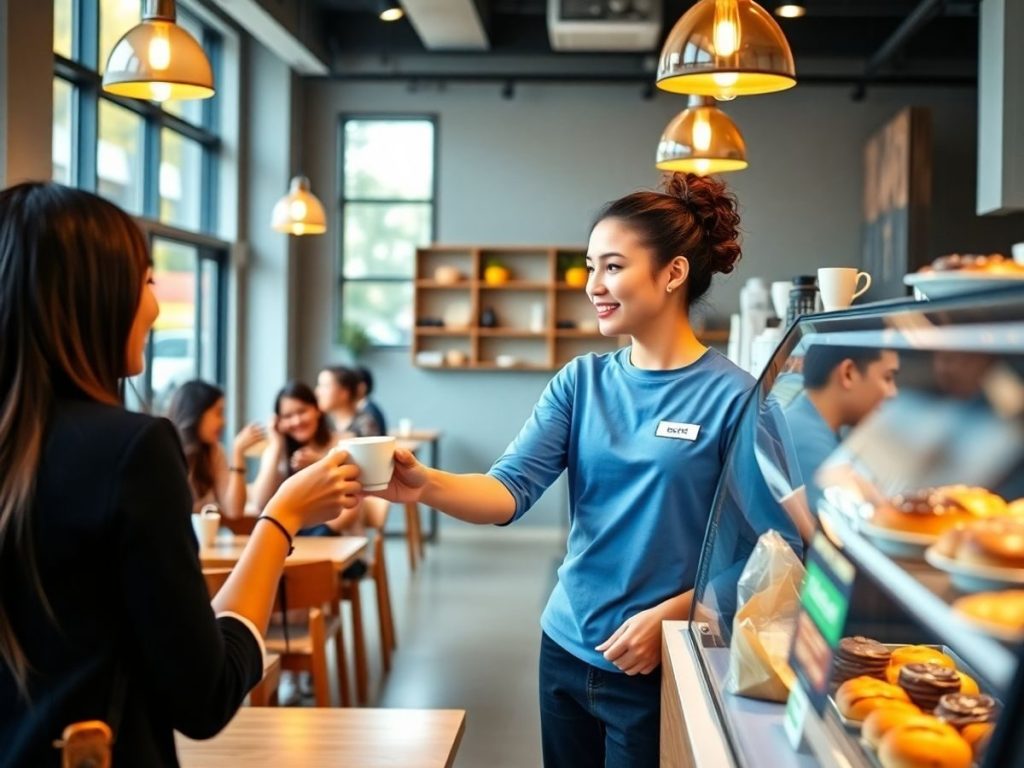 Tineri clienți fericiți primesc proaspete produse alimentare într-o cafenea modernă.