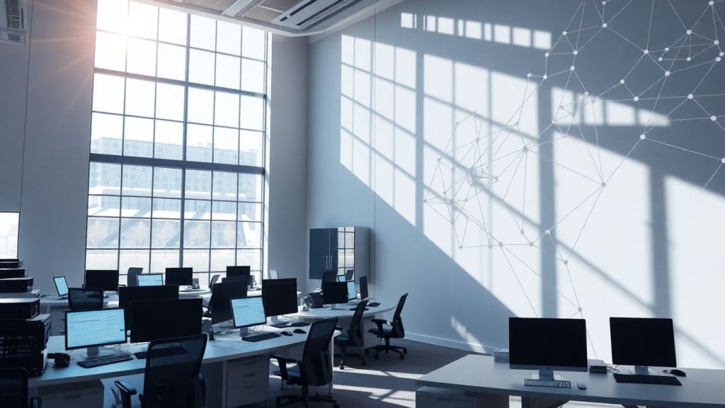 Digitalizarea francizelor: Instrumente pentru un management mai ușor 2 Interfață digitală modernă conectând dispozitive într-un birou luminos.