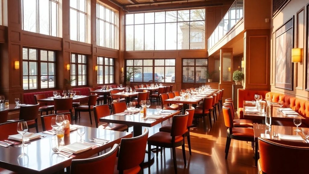 Interior restaurant elegant cu mese aranjate și lumină caldă.