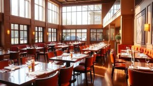 Main page 1 Interior restaurant elegant cu mese aranjate și lumină caldă.
