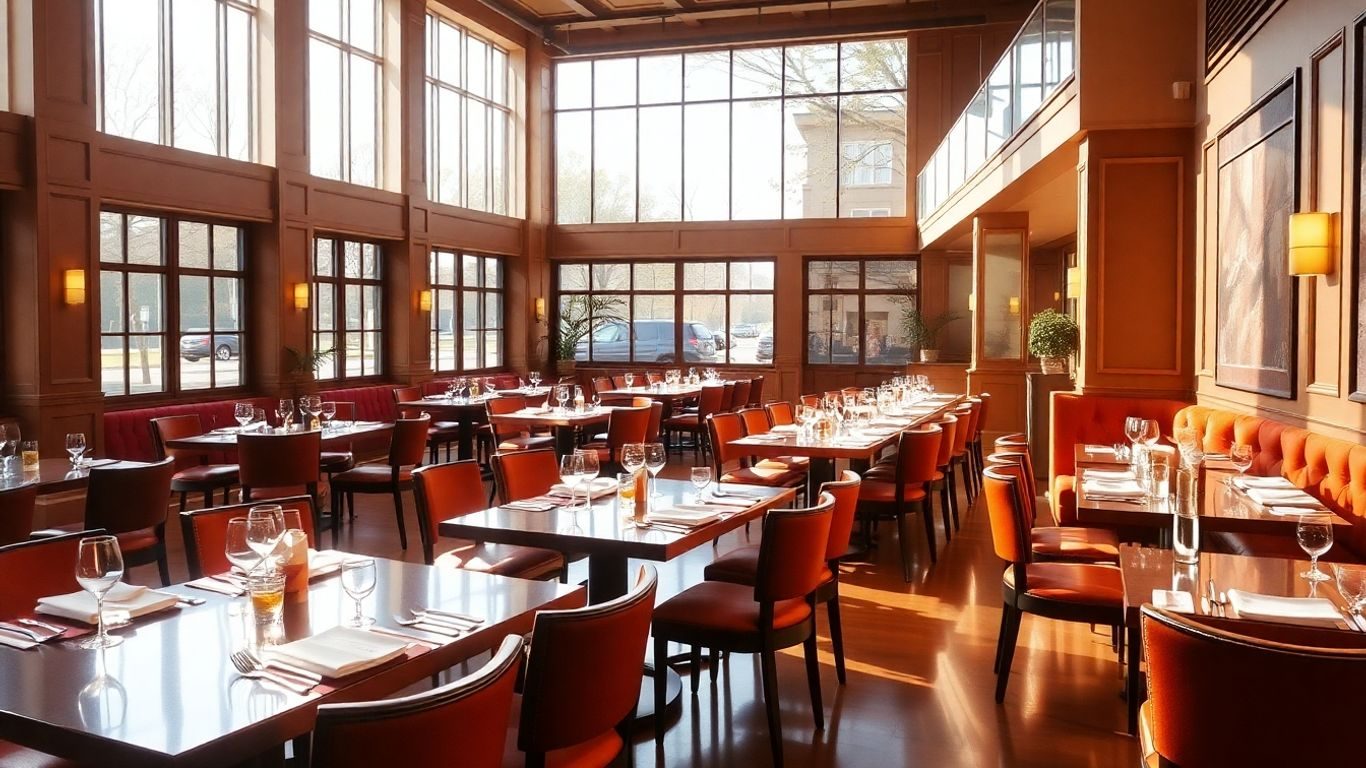 Interior restaurant elegant cu mese aranjate și lumină caldă.