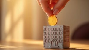 Mâini cu monedă de aur într-un porc-pușculiță stilizat.